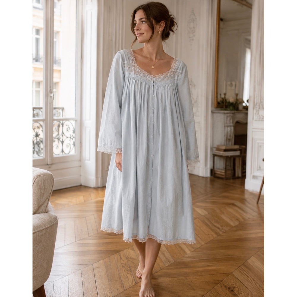 Eileen West Blue Floral Cotton Lace Cottage Nightgown Long Sleeve XL